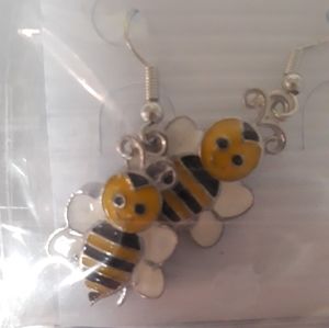 CUTE Bee Dangle Earrings Gold yellow black enamel Alloy Stainless ear wires NEW